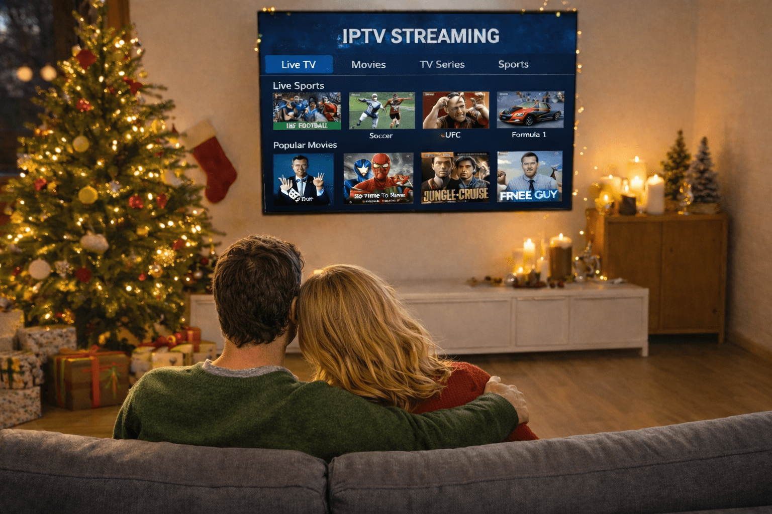 A couple watches IPTV by the Christmas tree